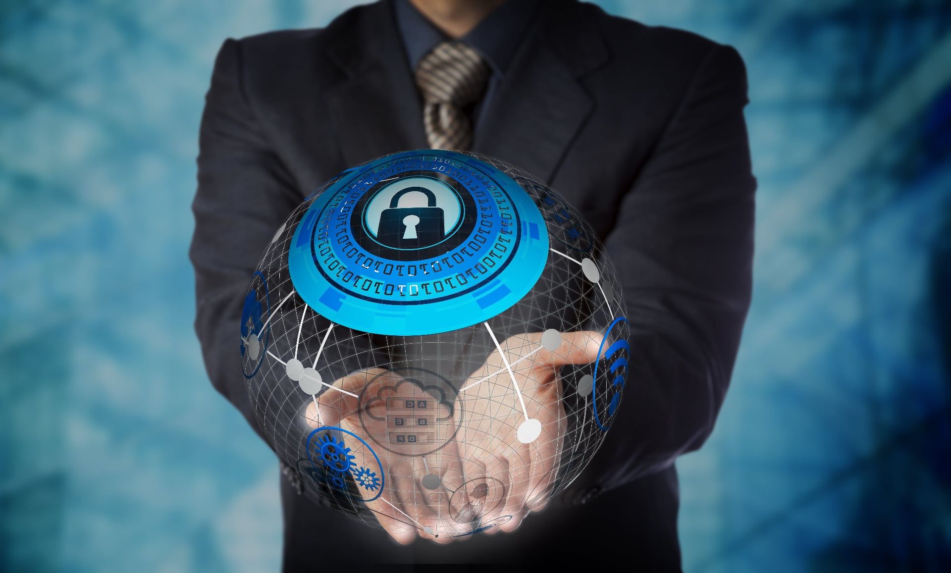 businessman holding illustration of globe with lock illustrating managed services