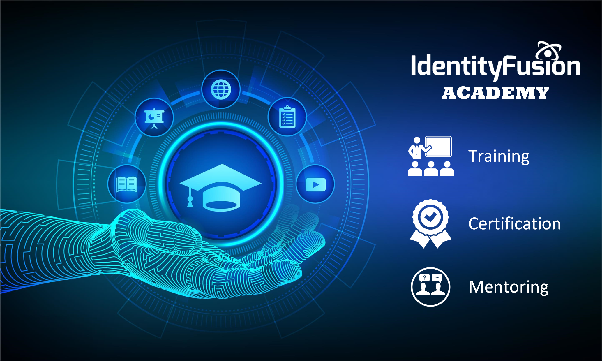 illustration with hand holding graduation cap and education icons and identity fusion academy text