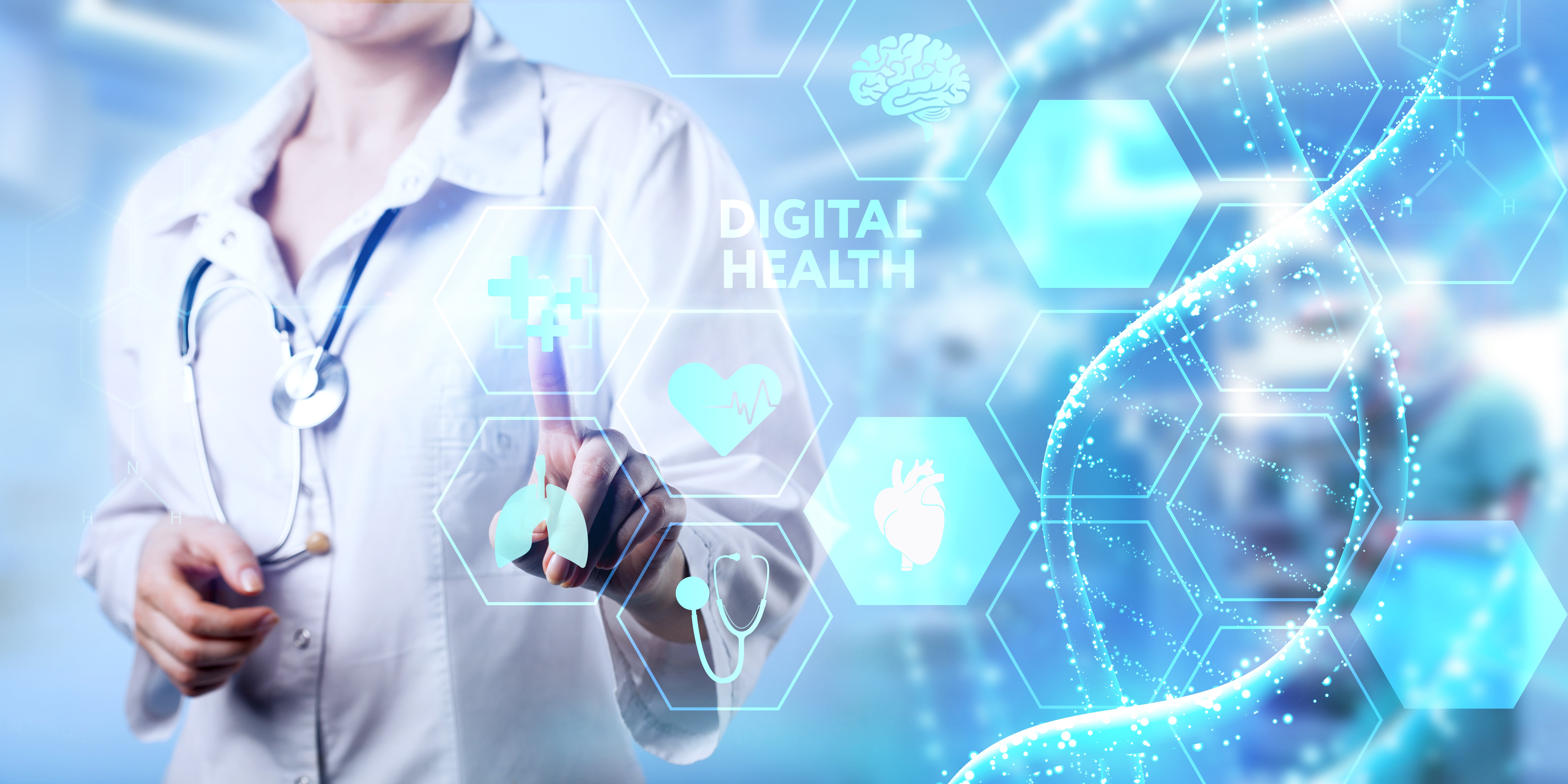 doctor in lab coat with digital health illustration